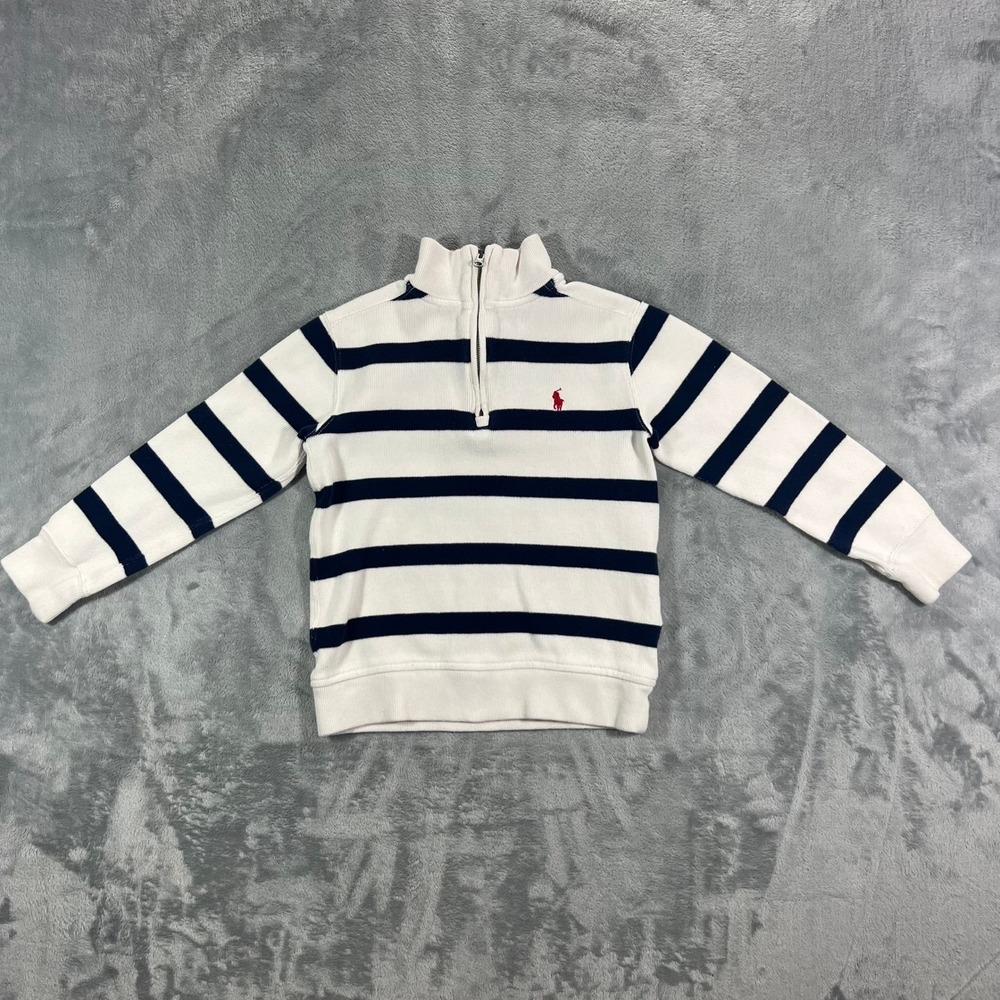 Polo Ralph Lauren Pullover Kids Size 8 White Navy Striped Good Quarter Zip Knit